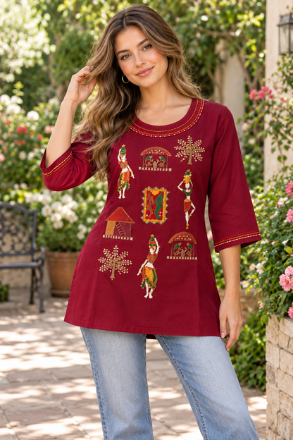 Women's Rayon colorful folk art-inspired embroidery in S to 2XL