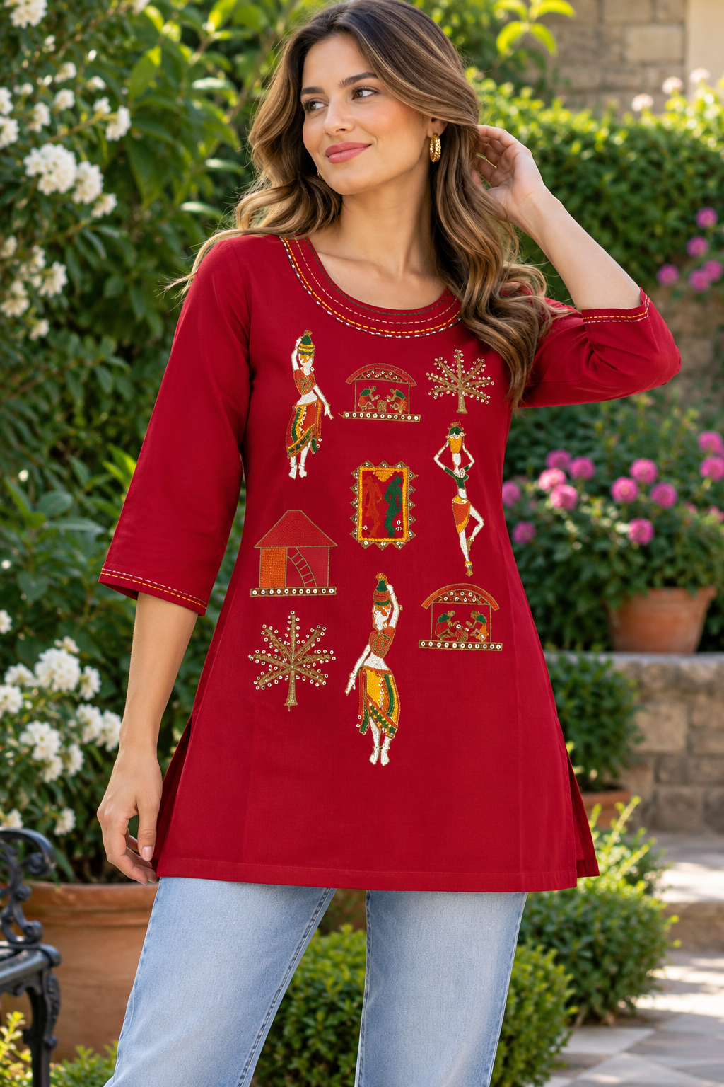 Women's Rayon colorful folk art-inspired embroidery in S to 2XL