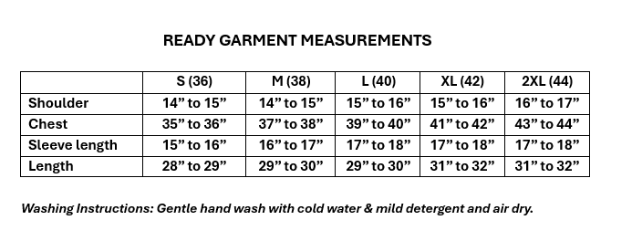 Size guide for Women's Rayon colorful folk art-inspired embroidery in S to 2XL