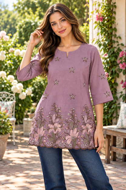 Women's Mul Chanderi Top with floral embroidery in M, L & 2XL