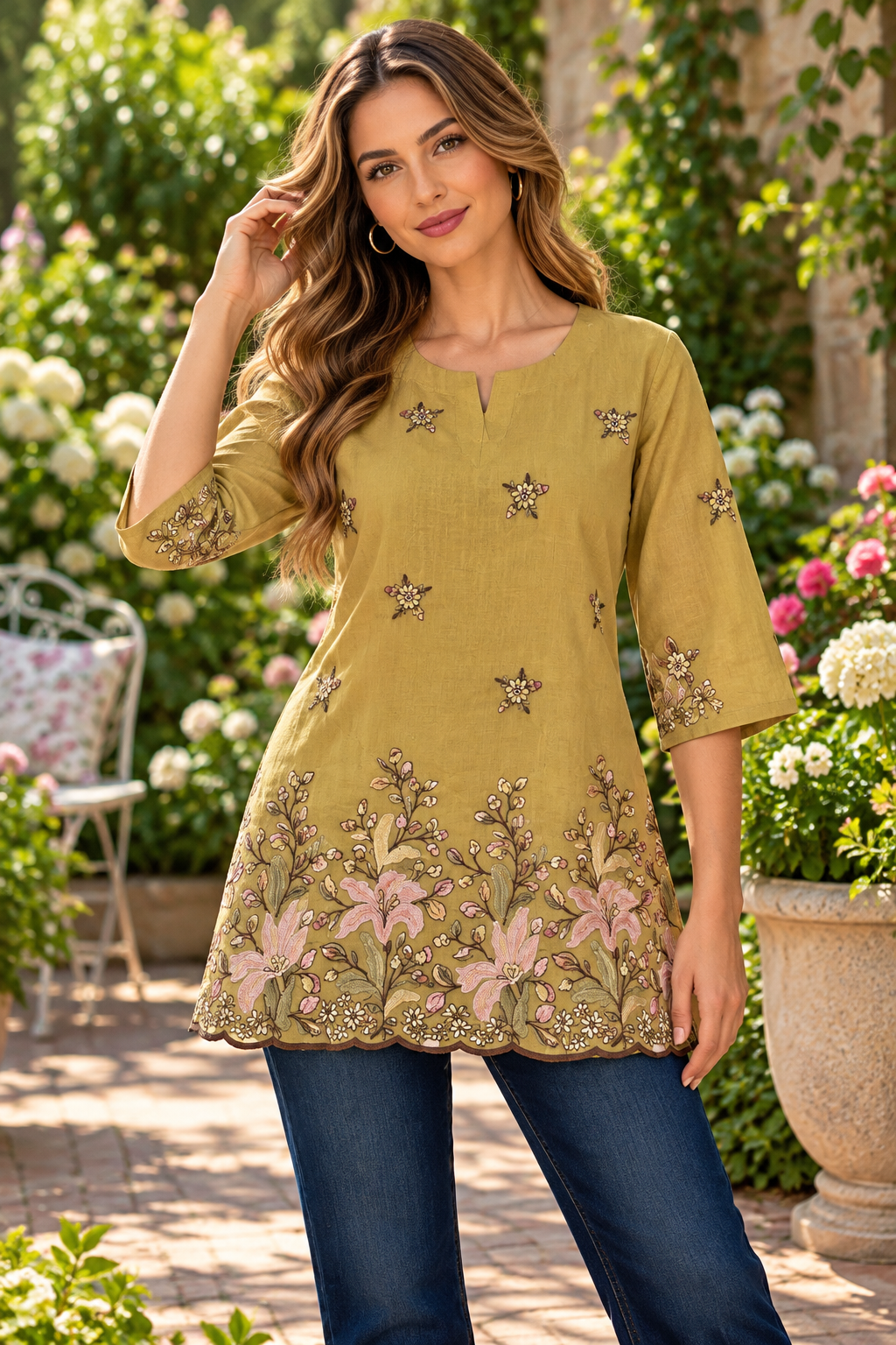 Women's Mul Chanderi Top with floral embroidery in M, L & 2XL