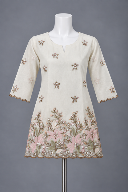 Women's Mul Chanderi Top with floral embroidery in M, L & 2XL