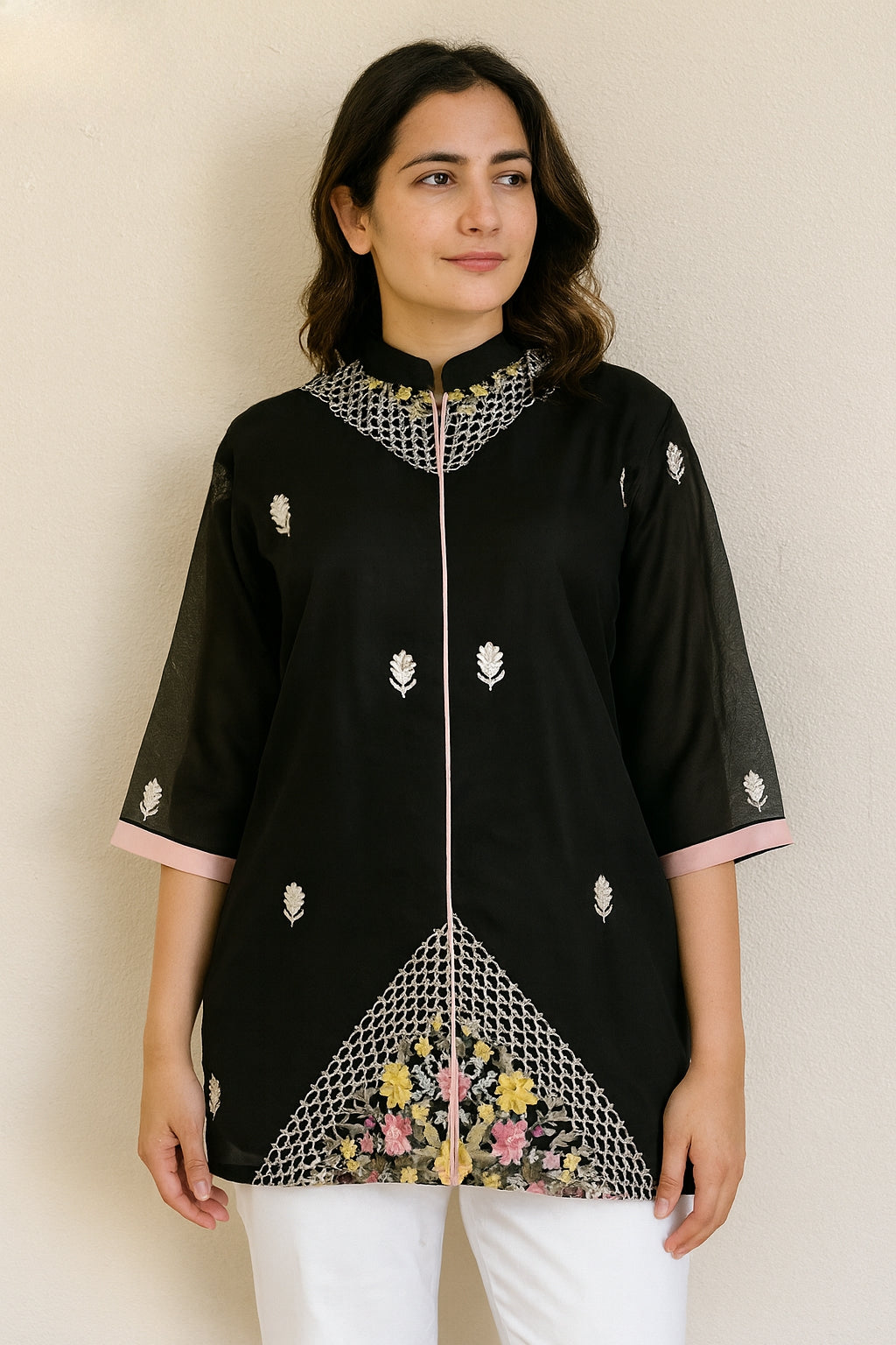 Women's black organza blouse with mandarin color in XL