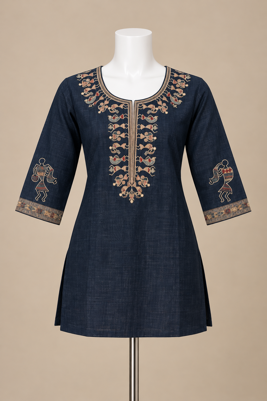 Women's Navy Warli embroidery Linen Top in L