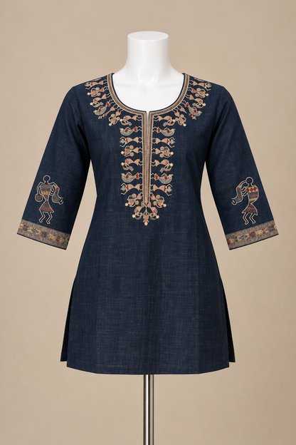 Women's Navy Warli embroidery Linen Top in L