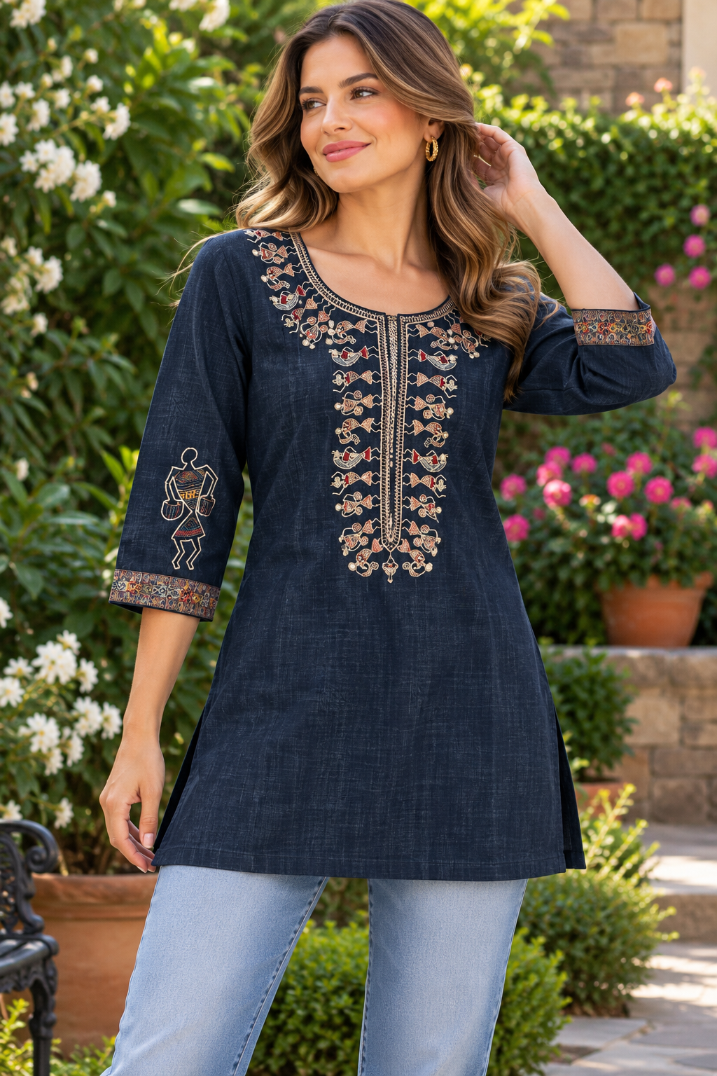 Women's Navy Warli embroidery Linen Top in L