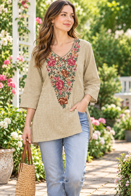 Women's Khadi Cotton Embroidered Top in M