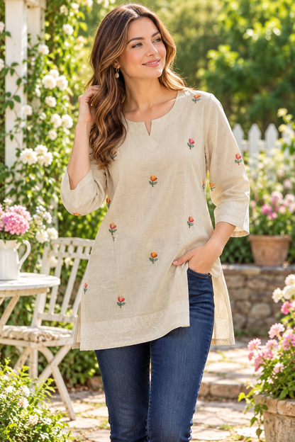 Women's Cotton fabric with delicate floral embroidery in S