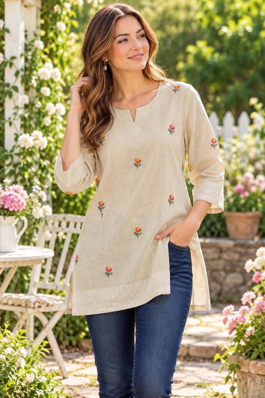 Women's Cotton fabric with delicate floral embroidery in S
