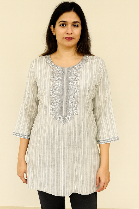 Women's light grey color blouse with strips in XL