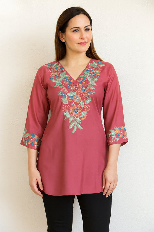 Women's rose red muslin silk with neck embroidery in XL