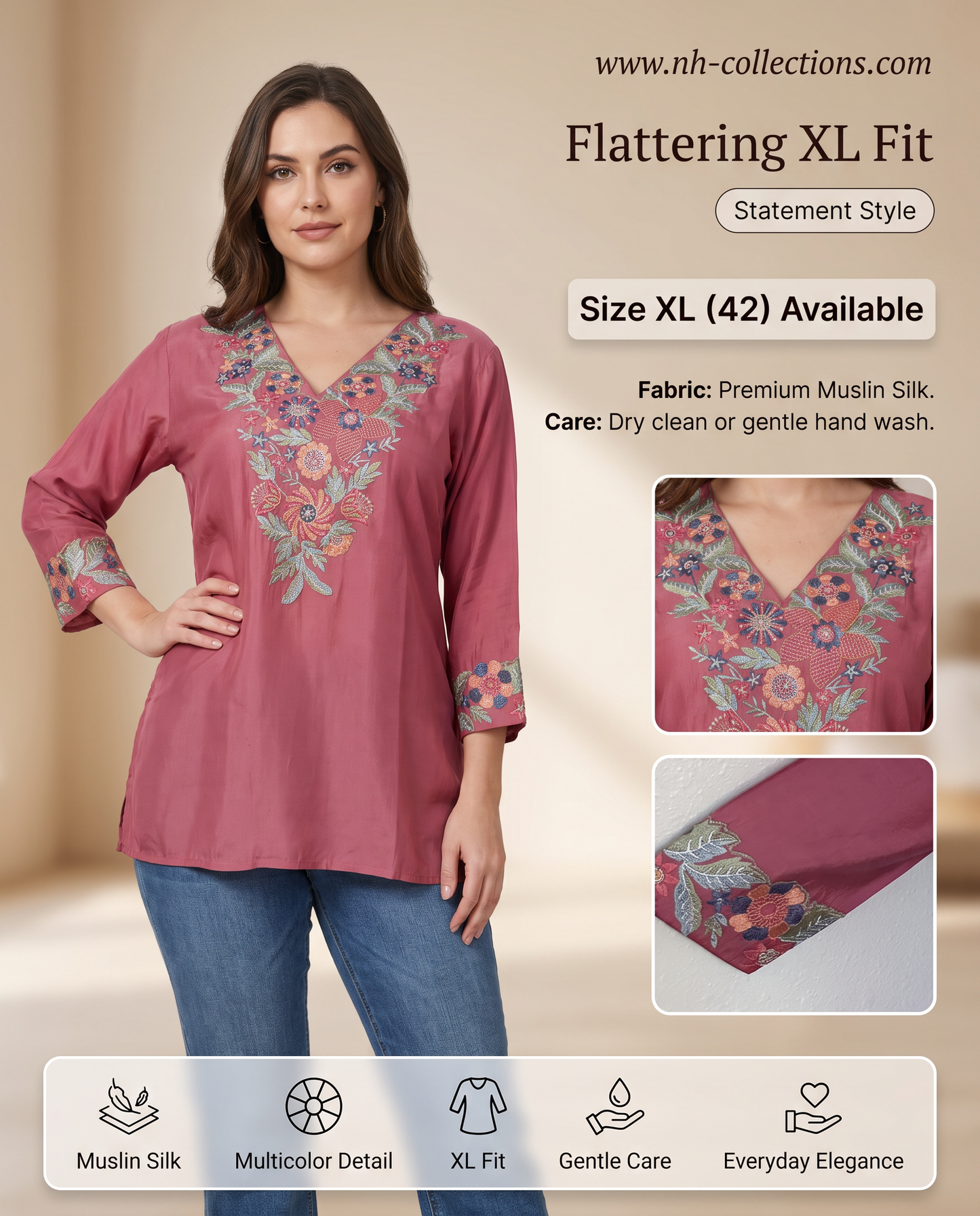Women's rose red muslin silk with neck embroidery in XL