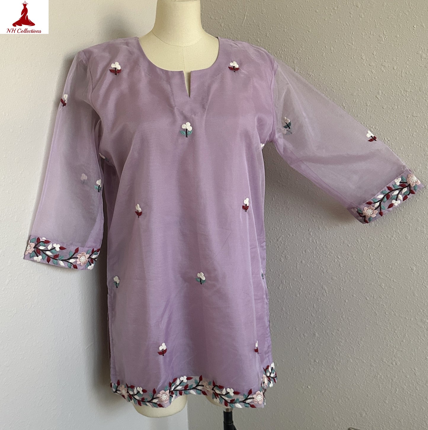 Women’s Lavender Sheer Organza Embroidered Top in XL