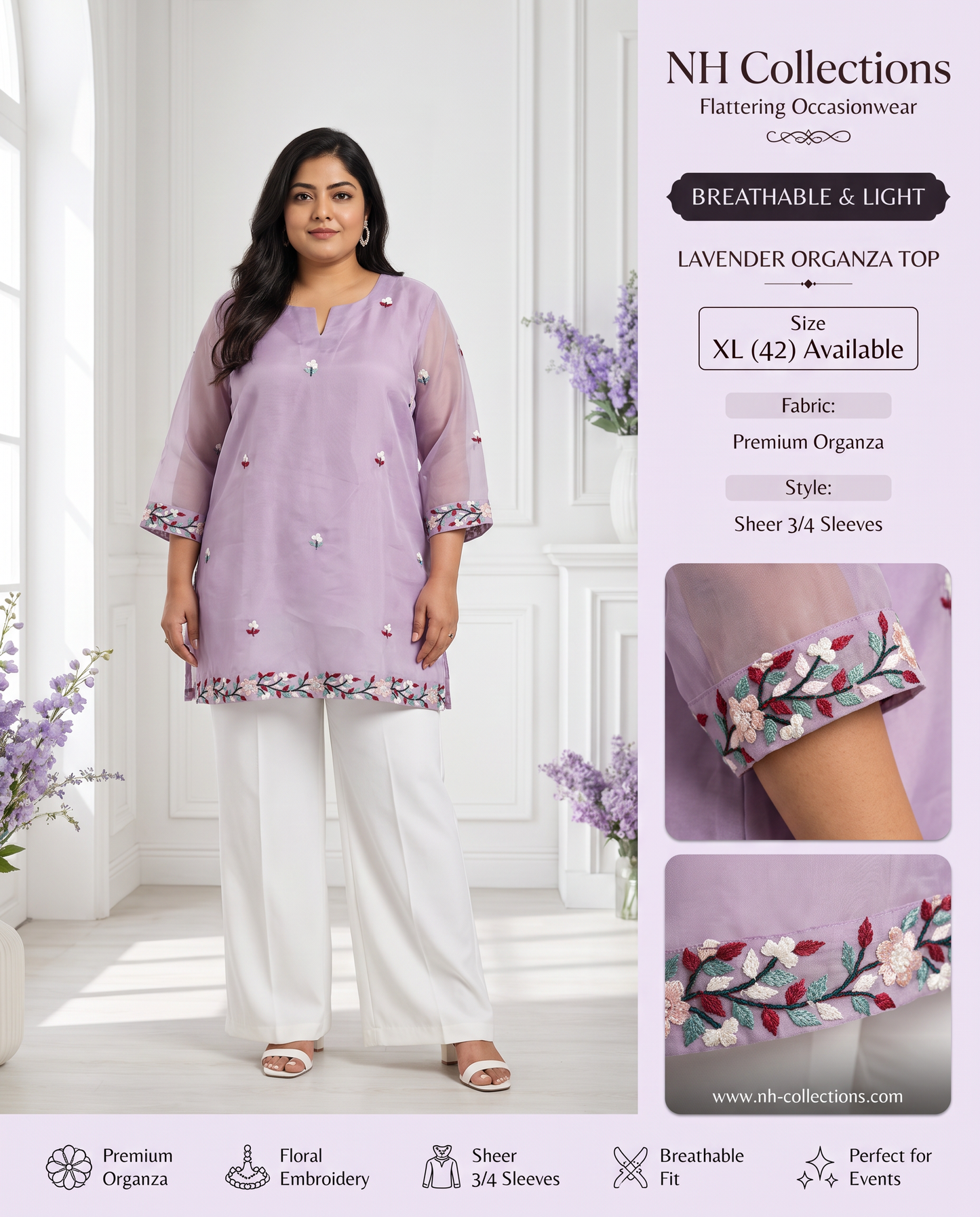 Women’s Lavender Sheer Organza Embroidered Top in XL