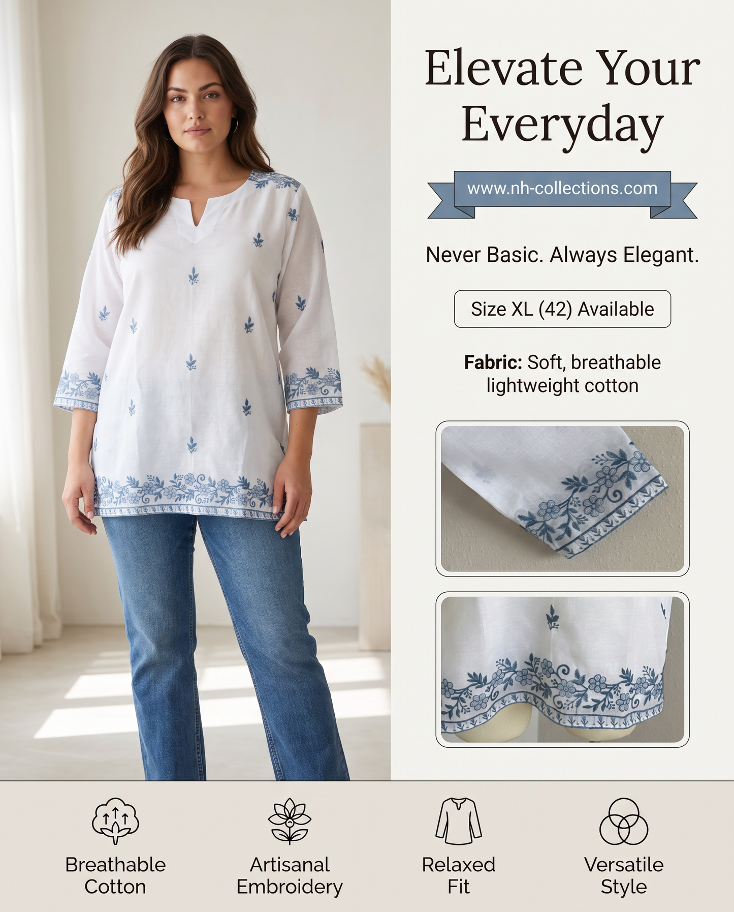 Women’s White Cotton Embroidered Top with Blue Floral Detailing in XL