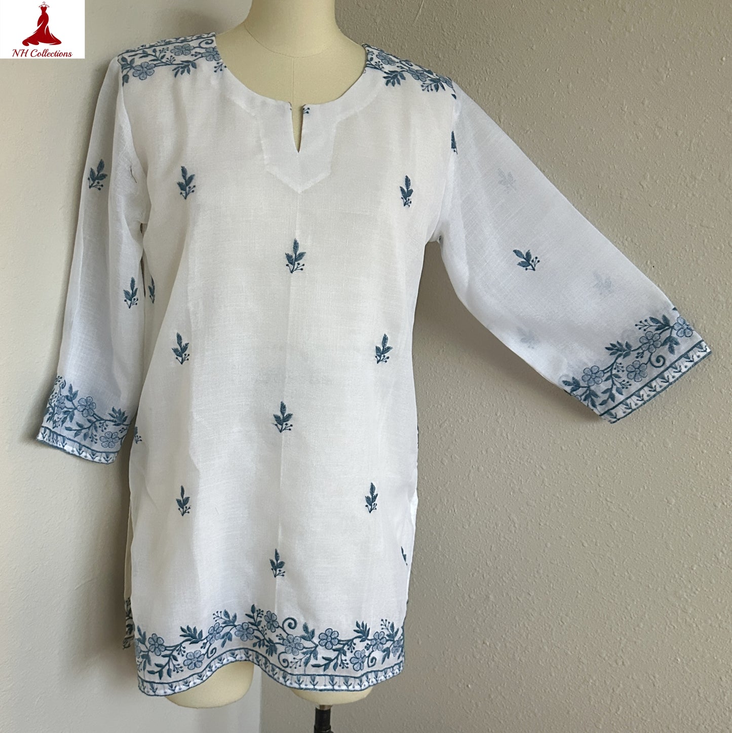 Women’s White Cotton Embroidered Top with Blue Floral Detailing in XL