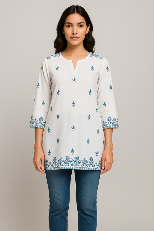 Women’s White Cotton Embroidered Top with Blue Floral Detailing in XL