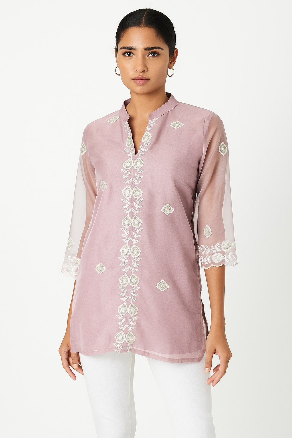 Women’s Mauve Embroidered Organza Top in XL