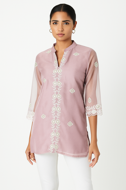 Women’s Mauve Embroidered Organza Top in XL