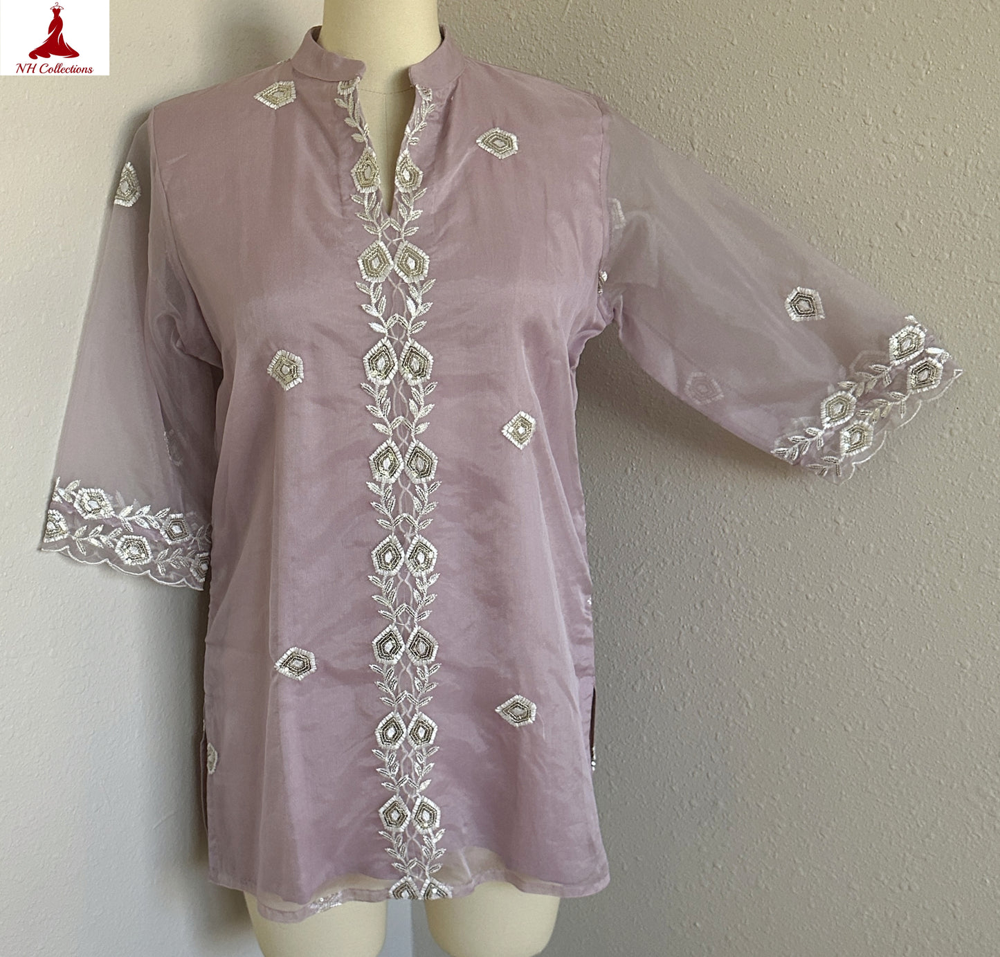 Women’s Mauve Embroidered Organza Top in XL