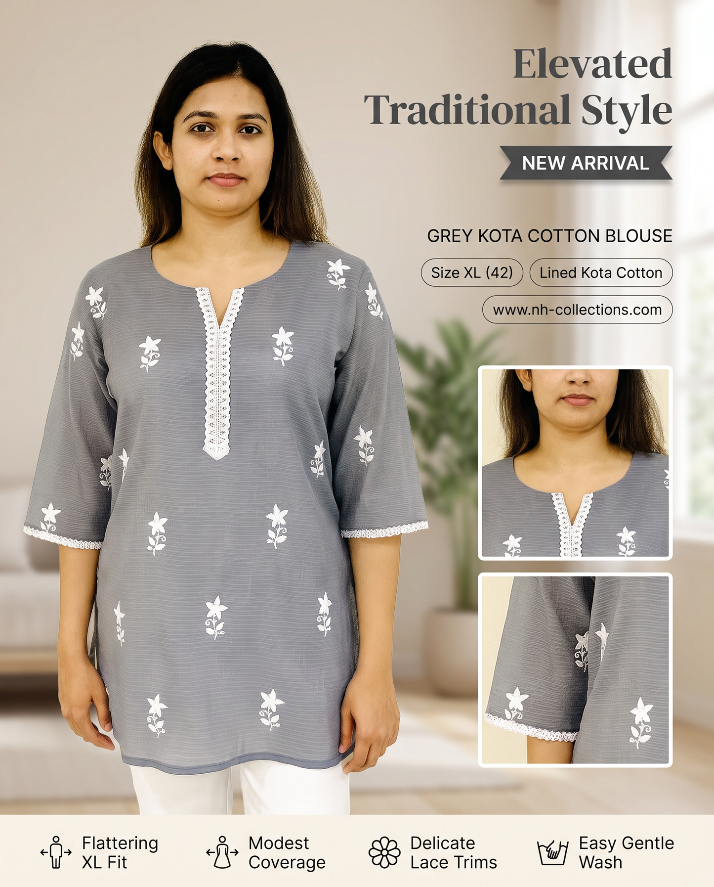 Women's grey kota cotton blouse in XL