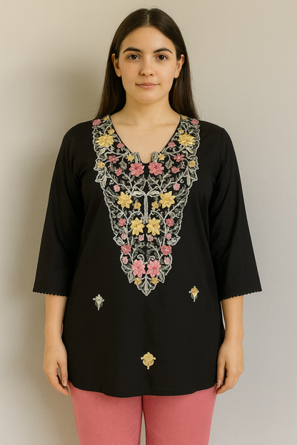 Women's black muslin silk blouse with colorful neck embroidery in L