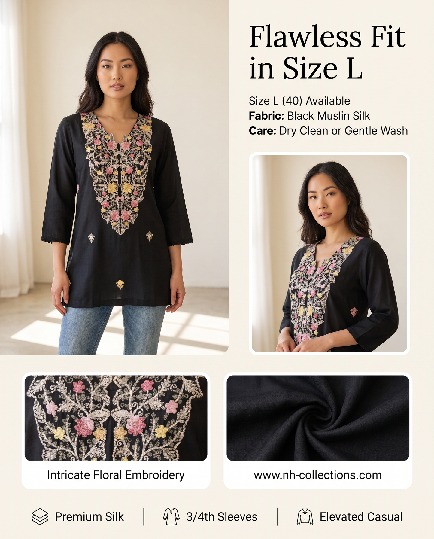 Women's black muslin silk blouse with colorful neck embroidery in L