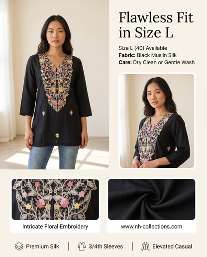 Women's black muslin silk blouse with colorful neck embroidery in L