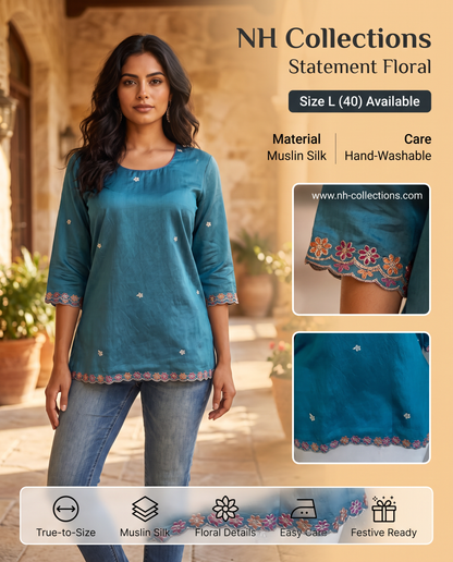 Women's teal blue muslin silk blouse in L