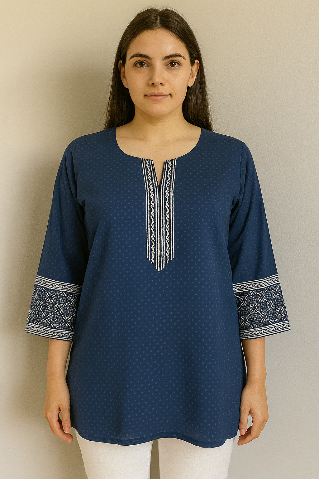 Women's navy blue blouse with white polka dots in L