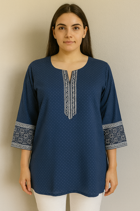 Women's navy blue blouse with white polka dots in L