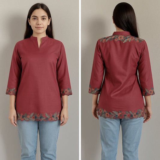 Women's rose red blouse with embroidery in L