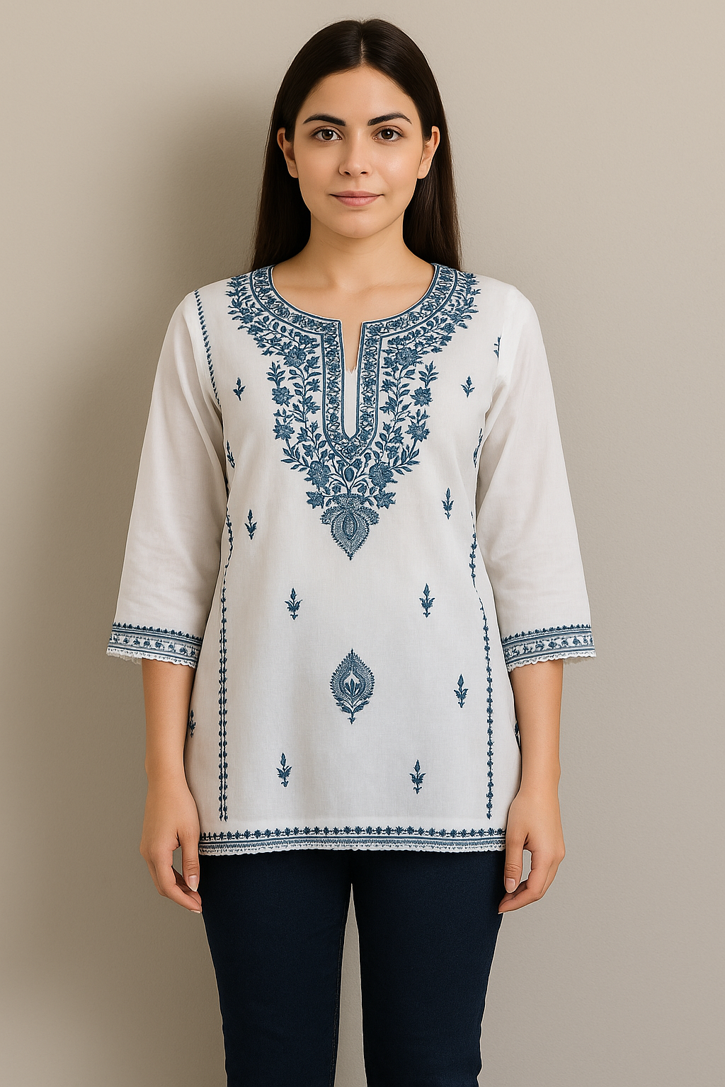 Women's white linen blouse with blue embroidery in L