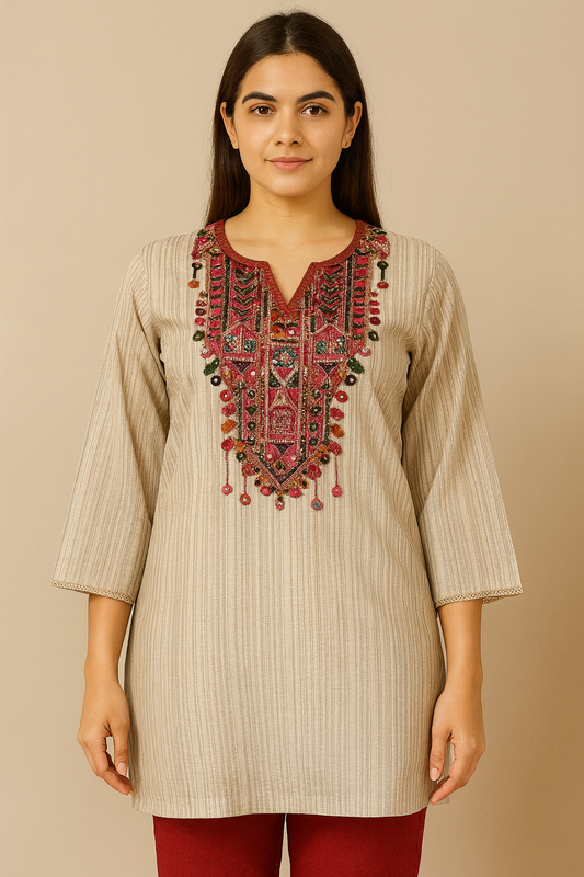 Women's beige blouse with neck embroidery in L