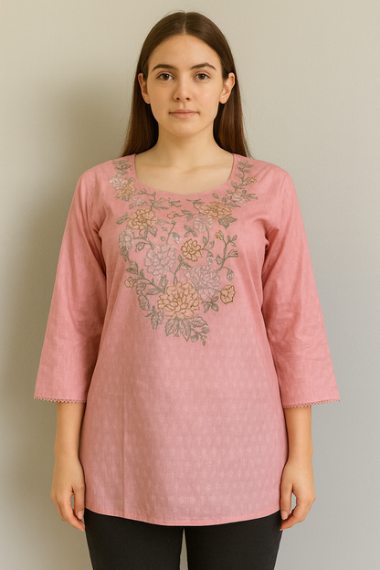Women's pink cotton blouse with neck embroidery in L