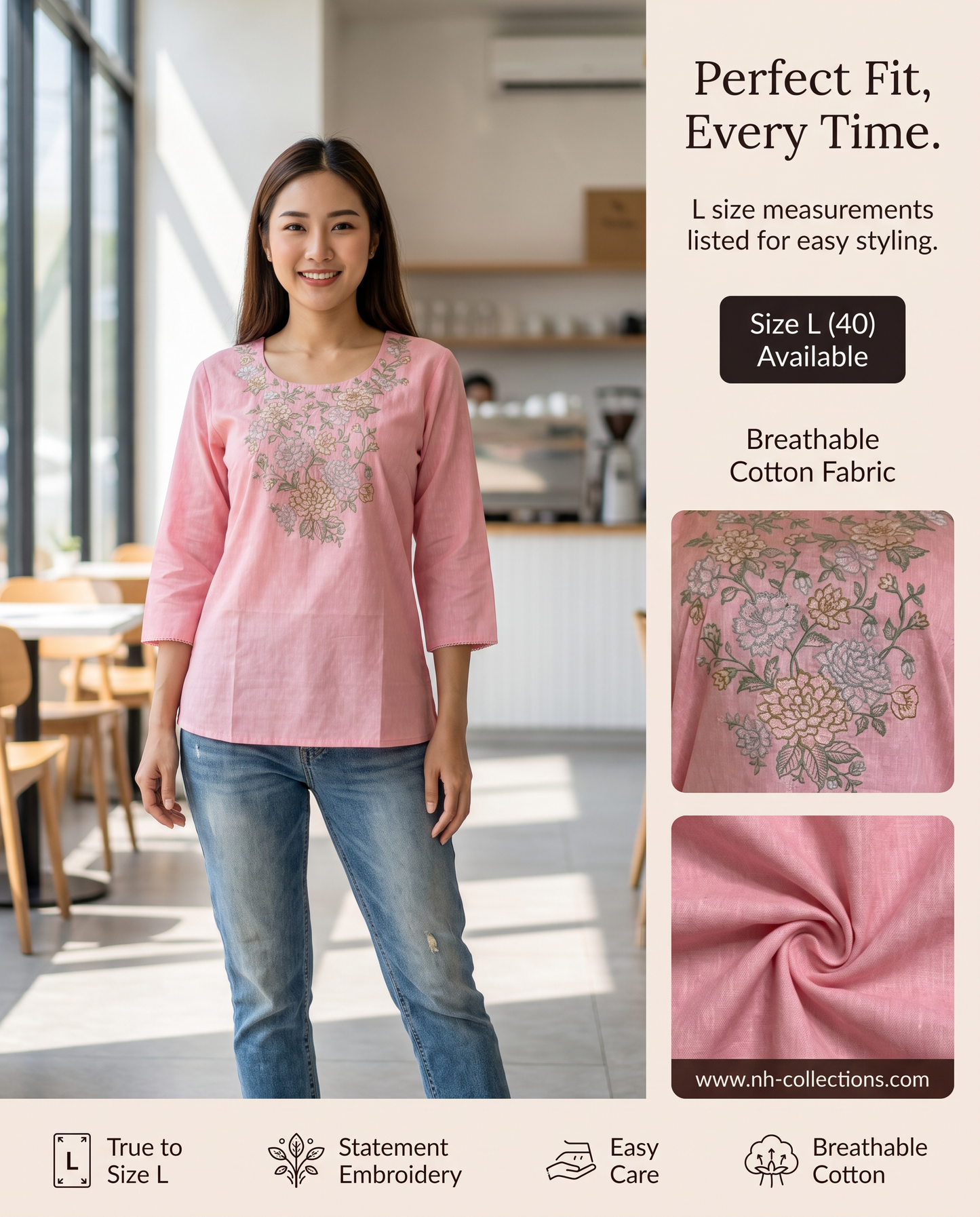 Women's pink cotton blouse with neck embroidery in L