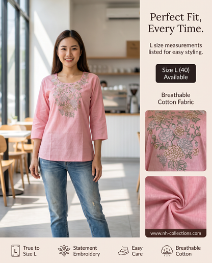 Women's pink cotton blouse with neck embroidery in L