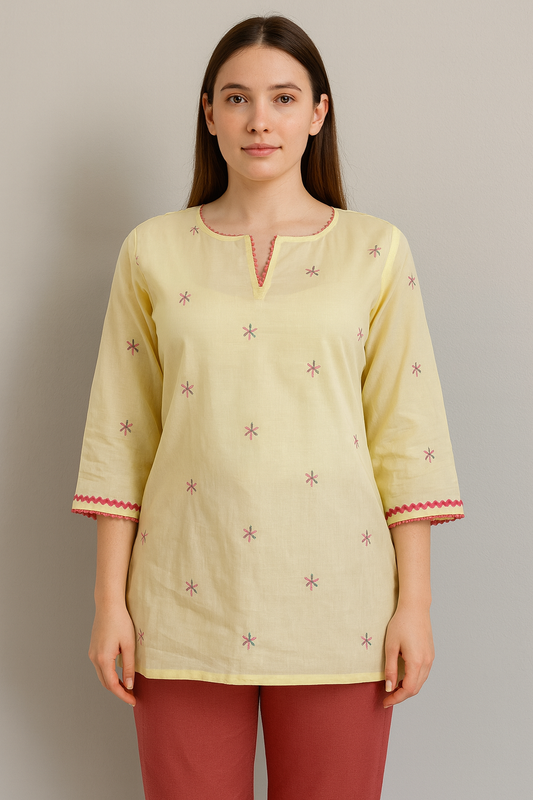 Women's lemon yellow color blouse in voile cotton in L