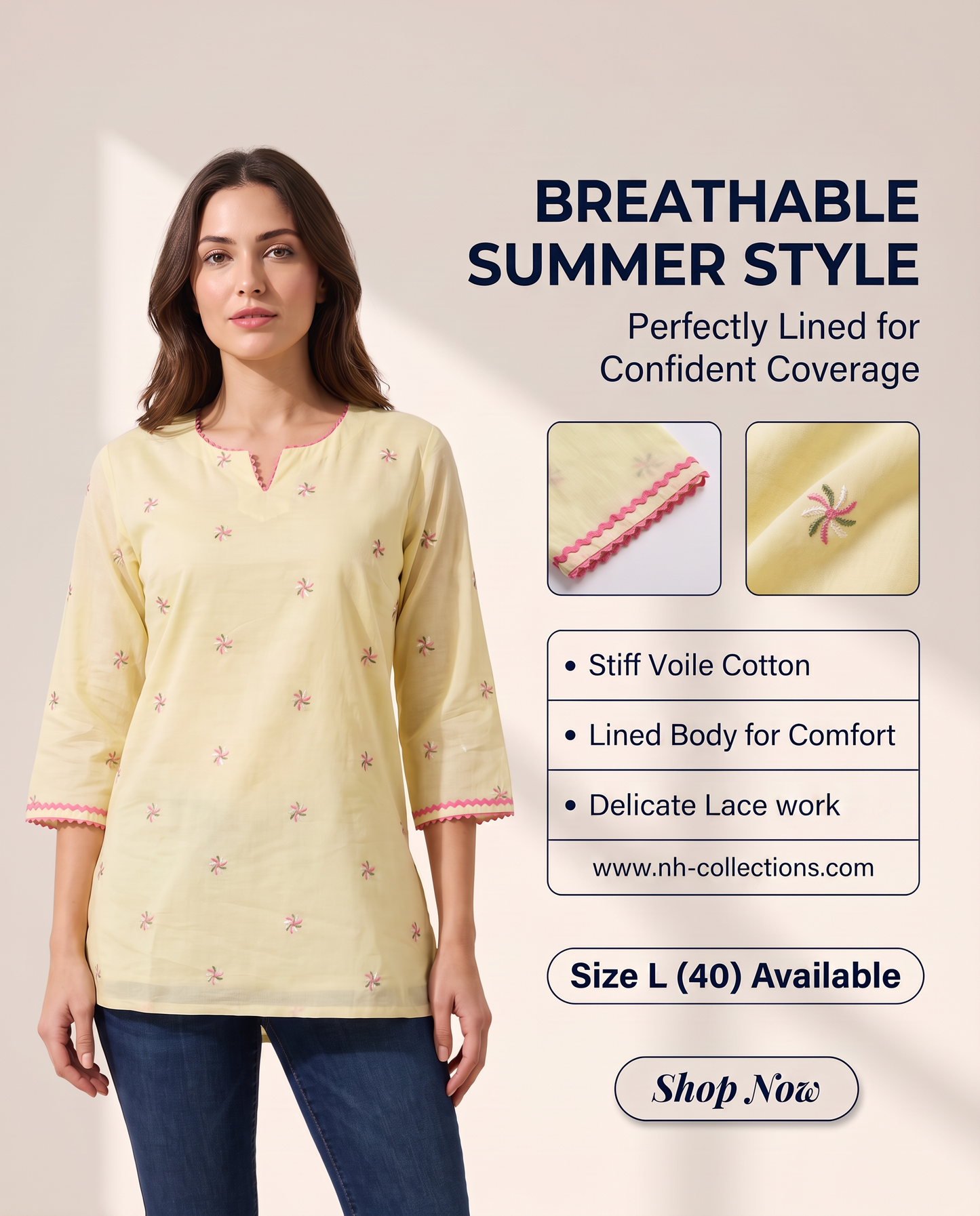 Women's lemon yellow color blouse in voile cotton in L