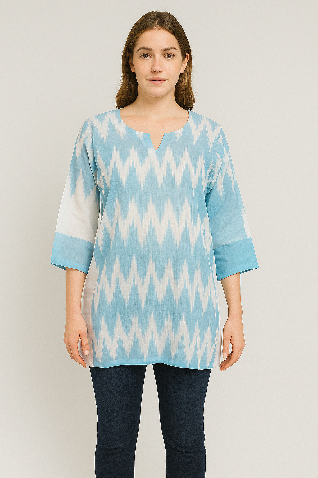 Women’s Aqua Blue & White Ikat Print Cotton Top in L