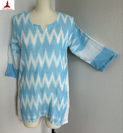 Women’s Aqua Blue & White Ikat Print Cotton Top in L