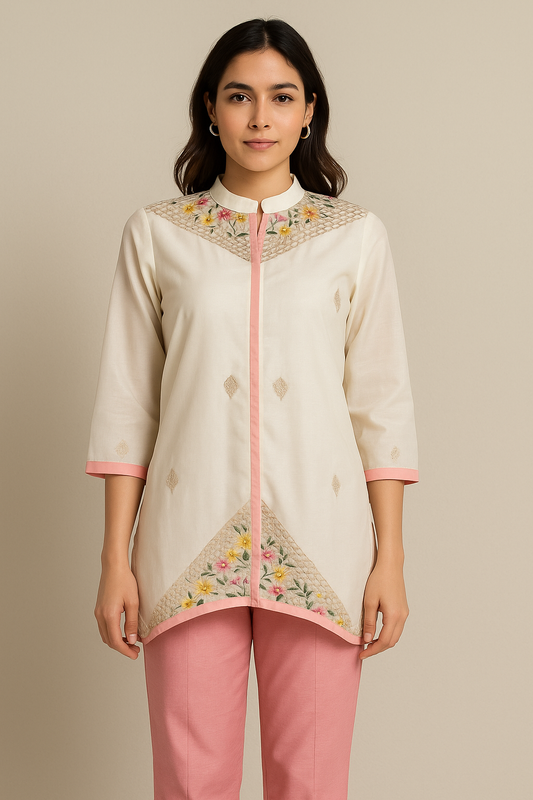 Women's off-white organza blouse with mandarin collar in 2XL