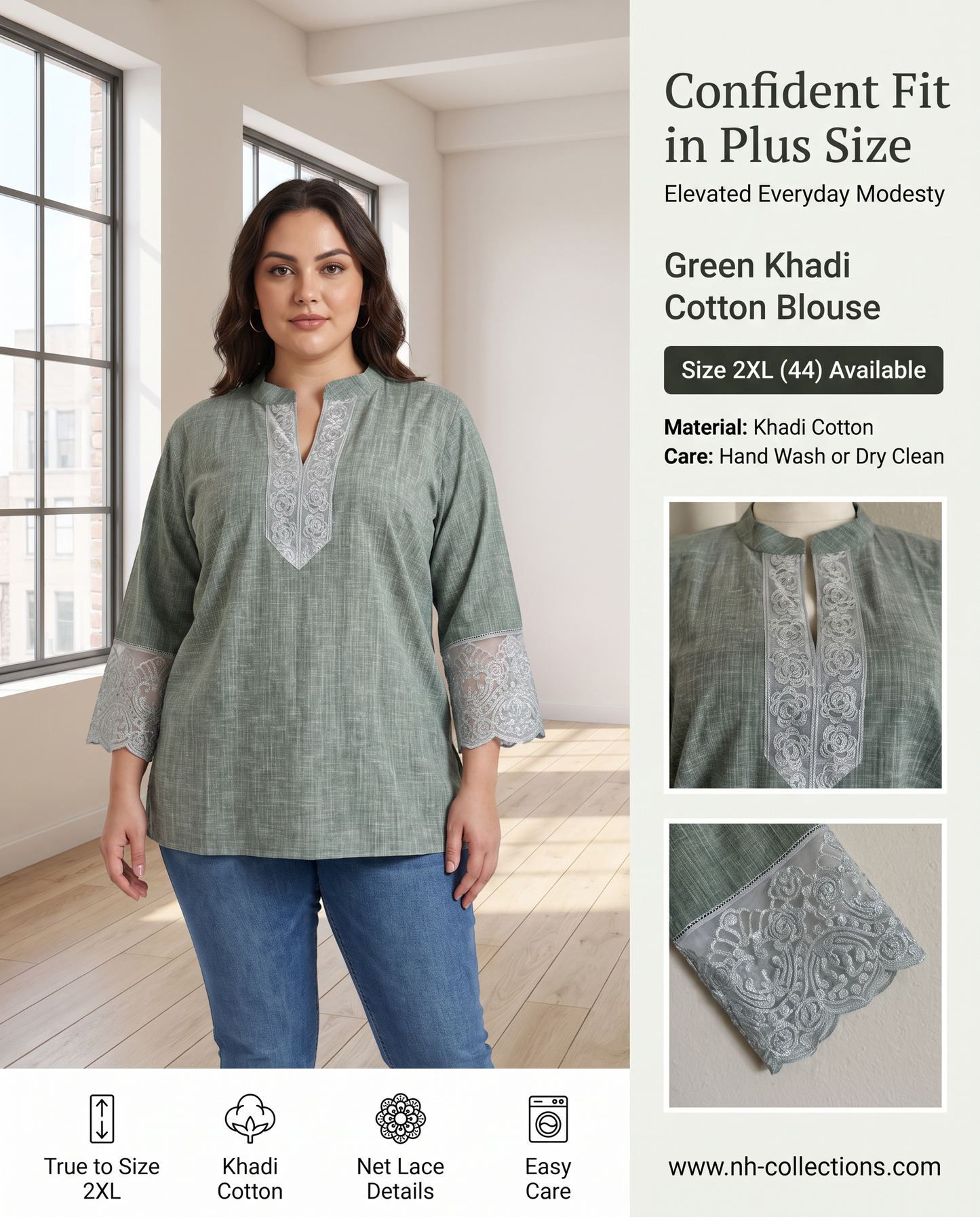 Women's green khadi cotton blouse in 2XL