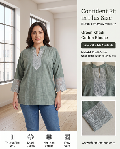 Women's green khadi cotton blouse in 2XL