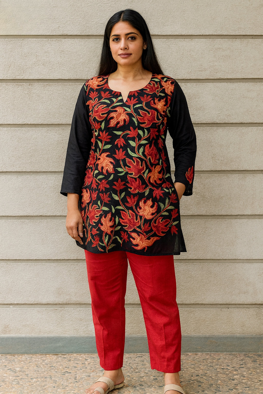 Women's black color blouse in ruby cotton with Kashmiri aari work in XL
