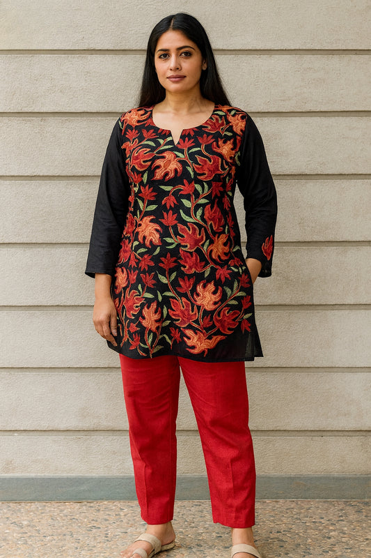 Women's black color blouse in ruby cotton with Kashmiri aari work in XL