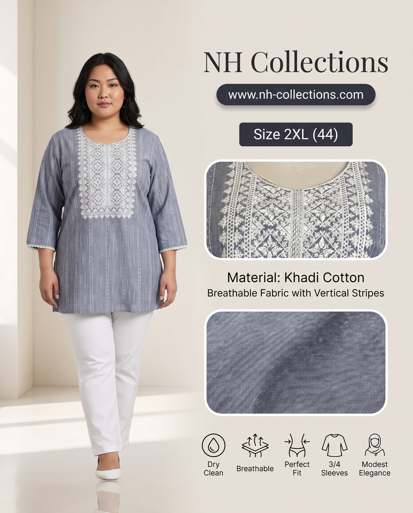 Women's greyish blue khadi cotton blouse with vertical white strips in 2XL