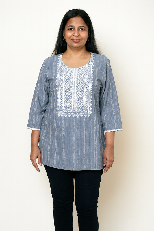 Women's greyish blue khadi cotton blouse with vertical white strips in 2XL