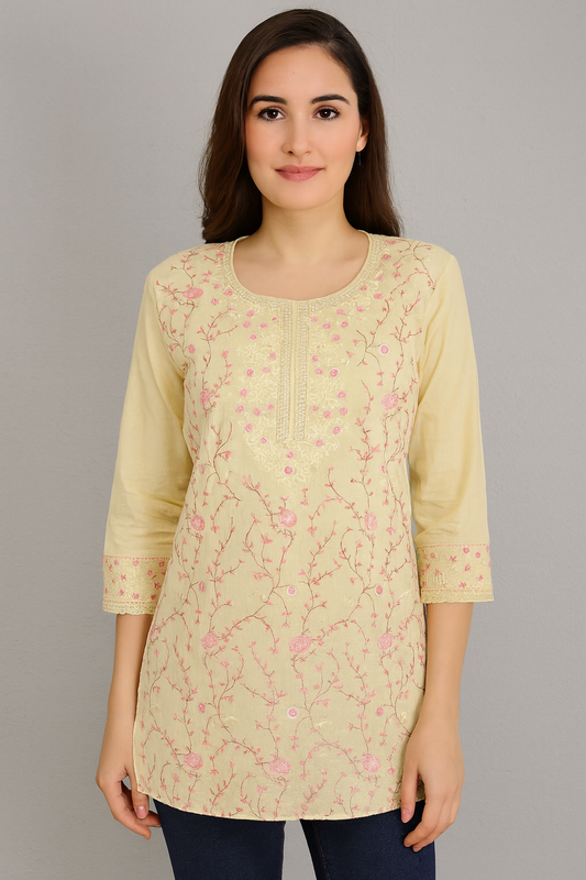 Women's lemon yellow color voile cotton blouse in 2XL