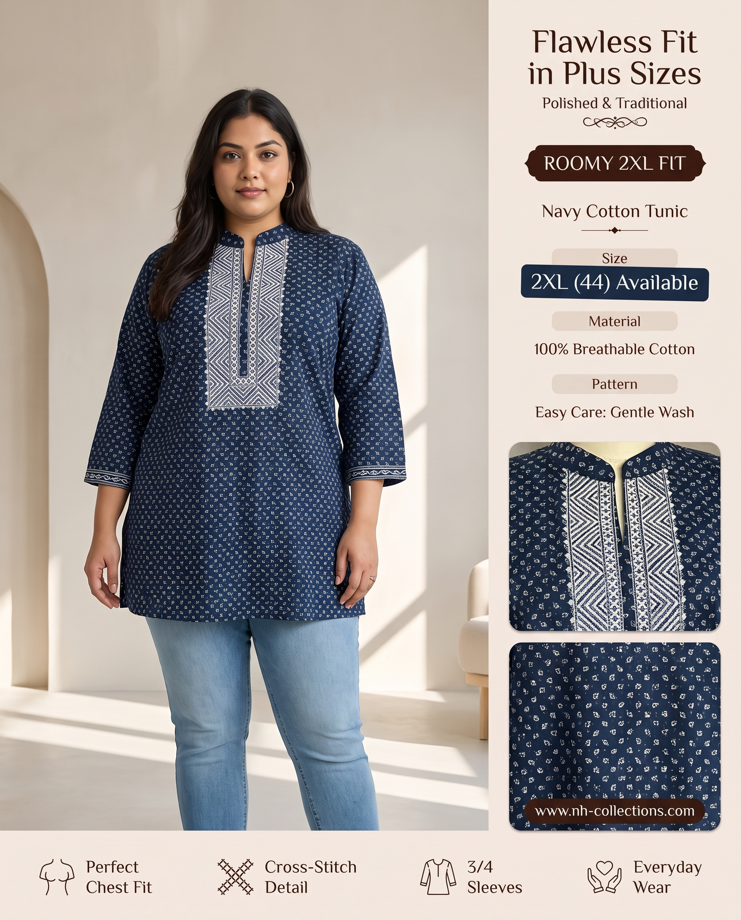 Women's navy blue cotton blouse with cross-stitch embroidery in 2XL